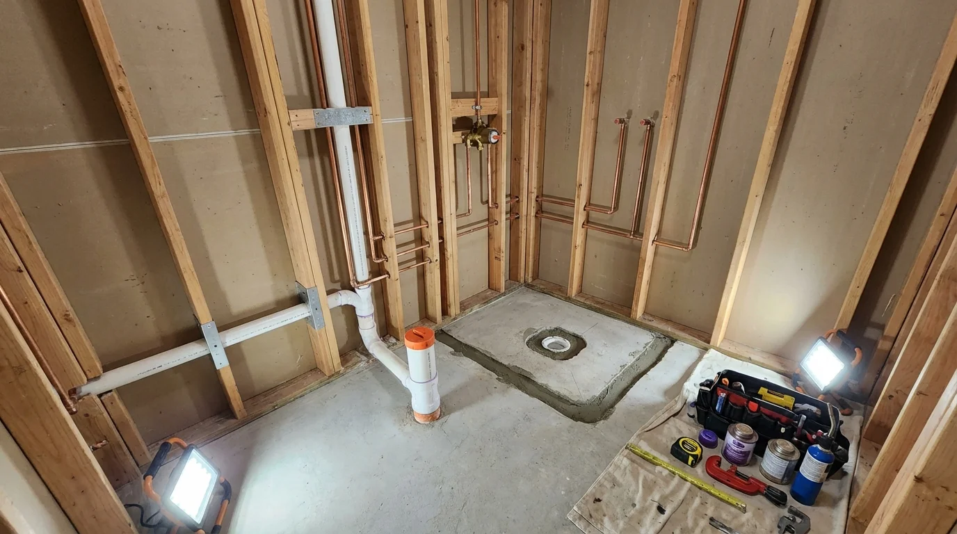 Bathroom rough-in plumbing during remodel by Johns Plumbing LLC in Fayette