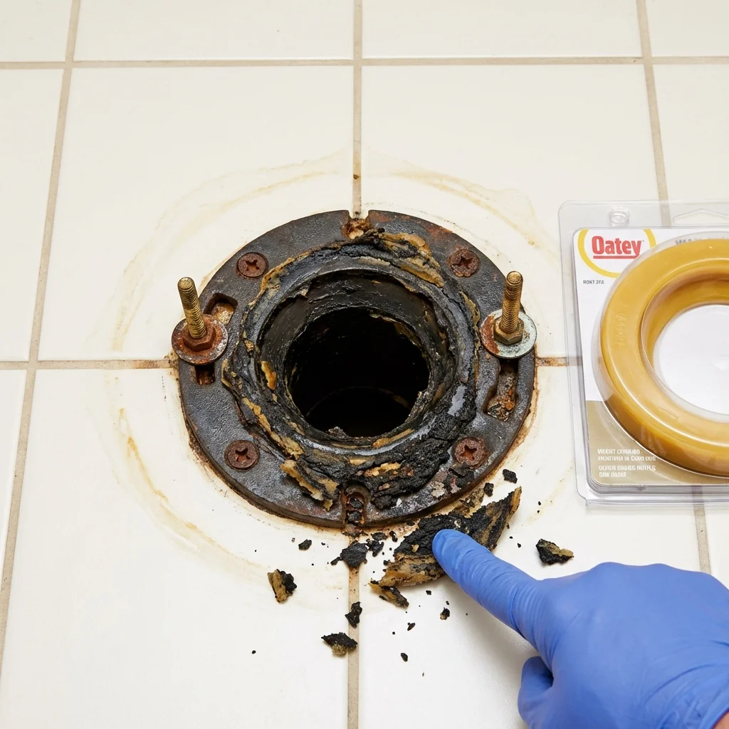 Failed wax ring showing water seepage at the base of a toilet in a Fayette, MS home
